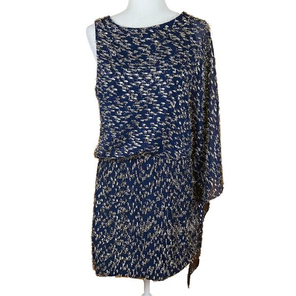 Haney Lucia Dress Size 8 Navy Blue Silk Blend 1-Shoulder Asymmetric Embellished - Picture 3 of 10